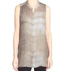 Eileen Fisher Silk Tunic Sleeveless Pearl Button Taupe Oxidized Print Size M - Picture 1 of 9