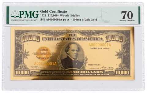 1928 $10,000 24KT Gold Certificate Commemorative PMG 70 Gem Unc Cover
