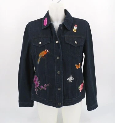 NY Collection Women's Denim Dark Wash Jean Jacket with Patches Size Medium - Image 1 of 4