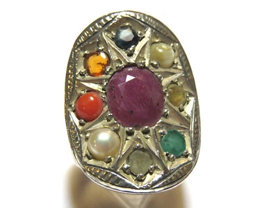 Antiker Silber Ring, Gemüse Ring genannt, unterschiedlichste Edelsteine ca.1920 - Bild 1 von 4