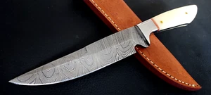 10" CUSTOM HAND MADE DAMASCUS STEEL SKINNER KNIFE BONE HANDLE W/SHEATH C28 - Picture 1 of 7
