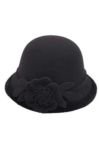 Women's Cloche Hat 1920s Winter Bucket Hat Vintage Church Elegant Flower Black F - Picture 1 of 4