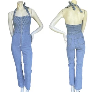 Revolve BARDOT "Lee" Halter Sleeveless Medium Wash Denim Jumpsuit in Vintage XS - Picture 1 of 15