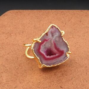 Genuine Elegant Red Geode Druzy 24k Gold Electroplated Adjustable Ring Jewelry