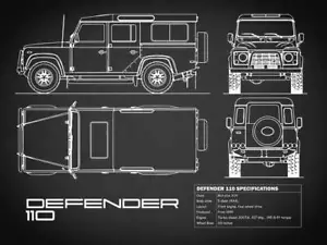 Affiche - Land Rover Defender 110 Blueprint, brevet rétro noir, 4 tailles - Photo 1 sur 21