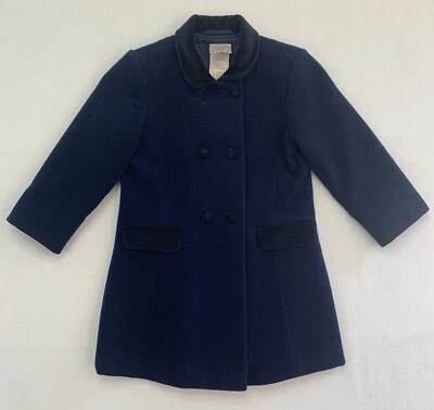 Abrigo Chaquetón De Colección Laura Ashley Niñas Talla 4 Mezcla de Lana Azul Marino Borde Terciopelo Negro Foto 1 de 4