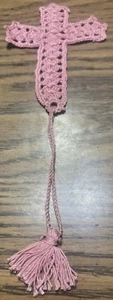 Antique Handmade Victorian Era Bookmark Religious Cross Bible Crochet 11” Pink ! - Picture 1 of 10