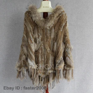 Womens Real Fur Hooded Knit Tassels Cape Casual Loose Outwear Casual Parka Cloak - Picture 1 of 8