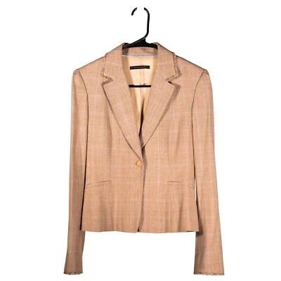 Blazer para mujer Elie Tahari beige a cuadros lana elástica flecos negocios chaqueta de trabajo 4 Foto 1 de 4
