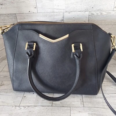 Calvin Klein Black Leather Purse Crossbody Adjustable Strap Satchel Gold Accents - Image 1 of 4