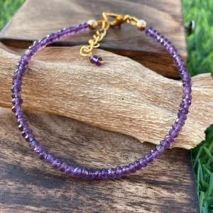 Amethyst Gemstone Bracelet 7 Inch Handmade Round Faceted Beads - Picture 1 of 3