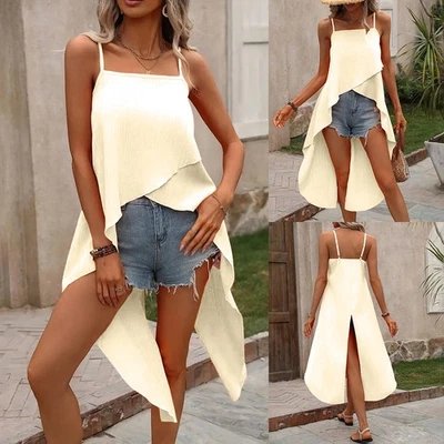 Womens Plain Strappy Irregular Tank Tops Ladies Summer Beach Cami Vest T Shirt - Image 1 of 4