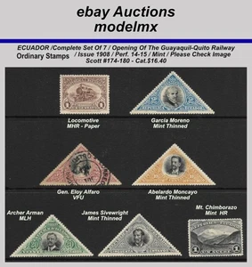 Ecuador - 1908, 20c. Set Of 7, Scott#174-180, Opening Guayaquil-Quito... Mint - Picture 1 of 2