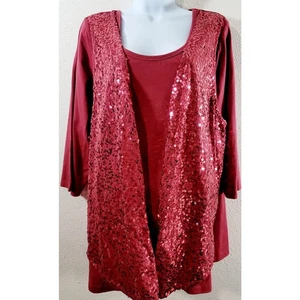 Denim 24/7 Red Brownish 2 In 1 Sequin Round Neck Top 1X Lightweight Stretch Soft - Picture 1 of 7
