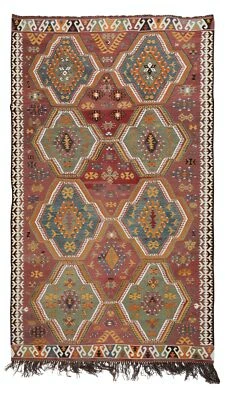 5.7x10 Ft Vintage Handwoven Turkish Kilim 'Flat Weave' with Geometric Patterns - Image 1 of 4