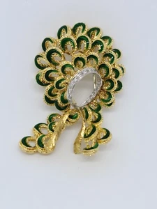 Vintage 18K Yellow Gold & Natural Diamond Brooch Pin w/ Green Enamel MSRP $3,250 - Picture 1 of 10