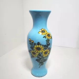 Vintage Baby Blue Vase Hand Painted Yellow Flowers Floral 7" H Taiwan ROC - Picture 1 of 10