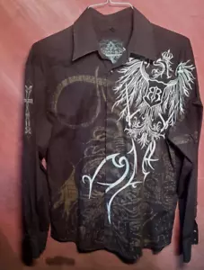 Roar Signature schokobraunes langärmliges besticktes Herrenhemd mit Knopfleiste Größe Lg - Bild 1 von 4