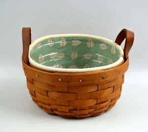 Longaberger 1993 Rundkorb 2 Ledergriffe grün Stoffeinlage & Schutz - Bild 1 von 12