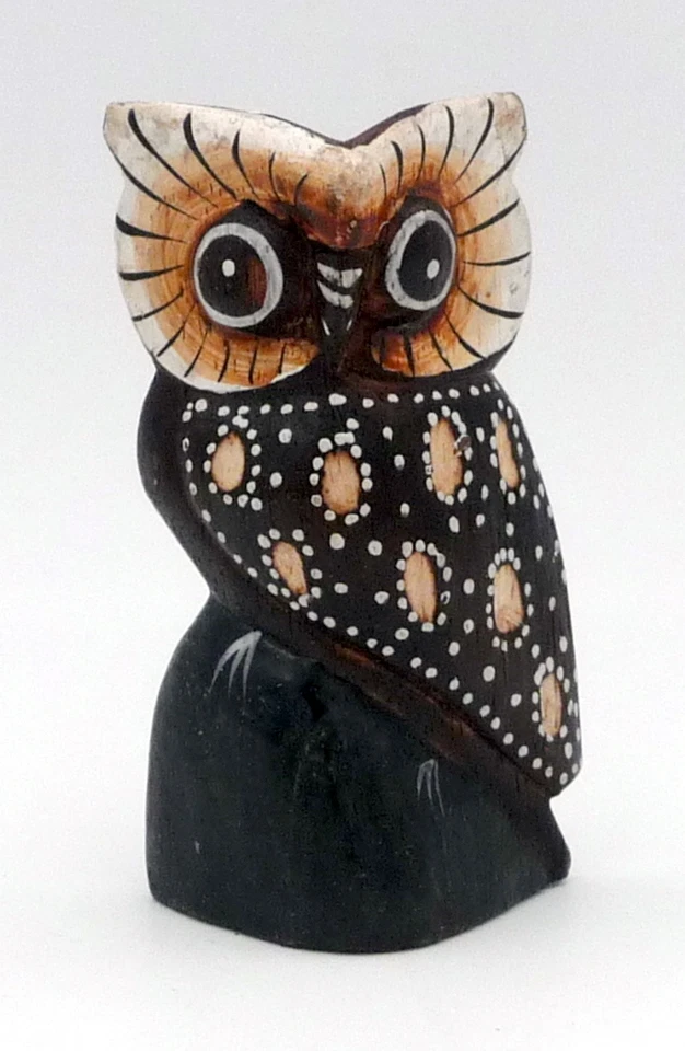 Chouette hibou en bois sculpté et peint déco ethnique artisanat Bali 8,5 cm - Photo 1/1