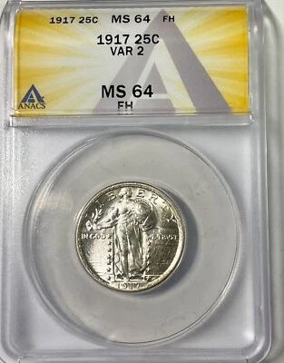 1917 VAR 2 STANDING LIBERTY QUARTER FULL HEAD MS64 ANACS blast white ! NEAR GEM - Image 1 of 3