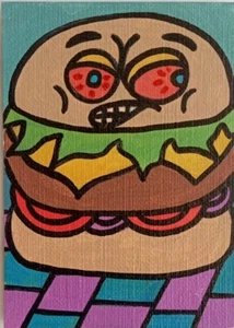 ACEO Fast Food Original Oil Painting Hamburger Monster Oxana Diaz 2.5" x 3.5" - Picture 1 of 8