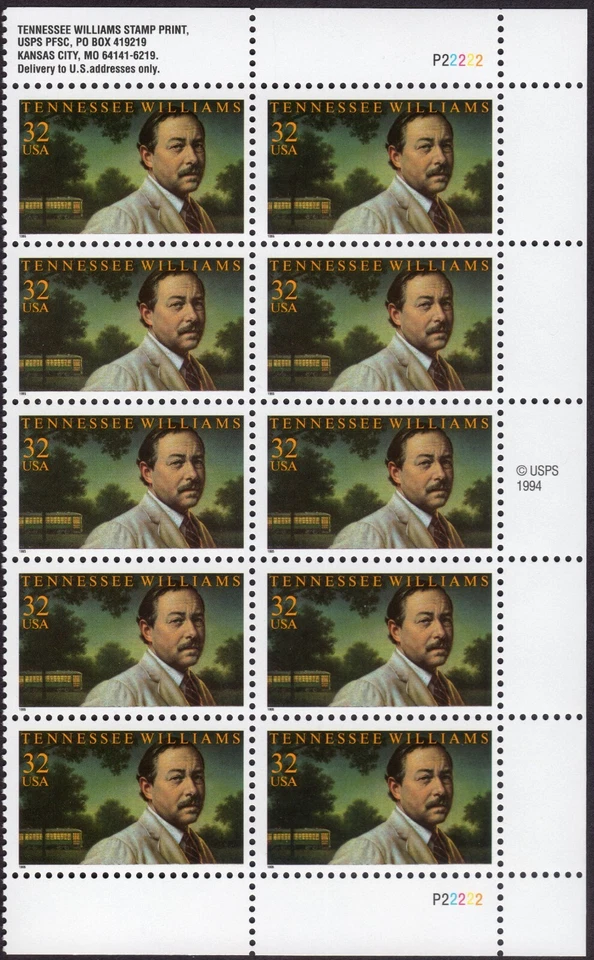 Scott #3002 Tennessee Williams Plate Block of 10 Stamps - MNH - Image 1 of 1