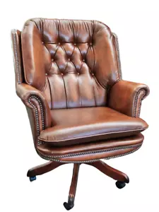 Klassischer Leder Bürostuhl, Englischer Chesterfield Drehstuhl Antik Braun Leder - Bild 1 von 12