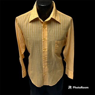 Vtg 70's Manhattan Apricot Peach White Stripe Butterfly Collar DISCO Dress Shirt - Image 1 of 4