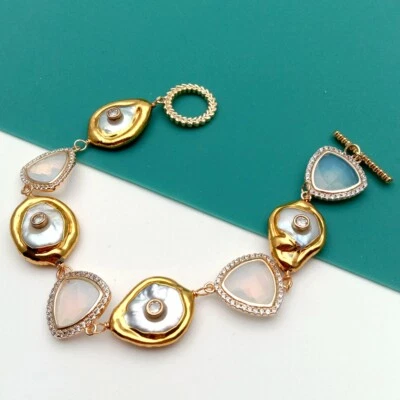 Cultured White Teardrop Keshi Pearl Triangle White Crystal Cz Bracelet 8" - Image 1 of 4