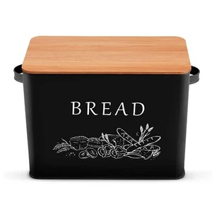 Black Bread Box For Kitchen Counter Metal Bread Storage Bin With Wooden Cutting - Picture 1 of 8