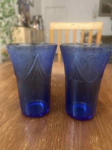 Set of 2 Hazel Atlas Royal Lace Cobalt Blue Depression Glass Tumblers Vintage - Picture 1 of 4