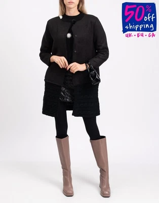 RRP €210 IVORIES Coat Size 1 / XS Black Faux Fur Lined Suede Effect Knitted Hem - Image 1 of 4