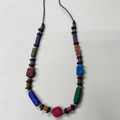 Colorful Multi Color Wood Bead Leather Extra Long Necklace Womens African Style - Image 1 of 4