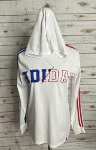 Adidas weißes Langarm-T-Shirt Baumwolle Grafikdruck mit Kapuze Gr. L (14-16) - Bild 1 von 5