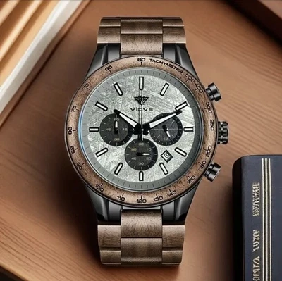 ✅ VICVS Herren Holzuhr Walnuss Quarz Edelstahl Automatik Armbanduhr Luxusuhr ✅ - Bild 1 von 3