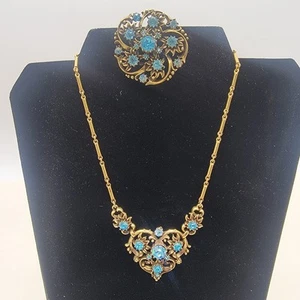 Vintage Coro Bar Linked Necklace Ice Blue Rhinestones & Gold Tone, And Broach - Picture 1 of 11