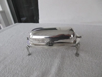 Plato de mantequilla plateado con tapa enrollable ~ Inserto de vidrio + Pies de león ~ ~ ¡¡¡LIMPIO!!!! Foto 1 de 4