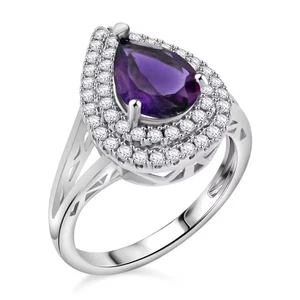 Pear Shaped Purple Amethyst Ring Double Halo Simulated Diamond Silver Tone Sz 7 - Picture 1 of 5