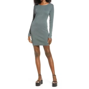 New Open Edit Ribbed Long Sleeve Sweater Mini Dress Green Urban Women's 12/14 L - Picture 1 of 7