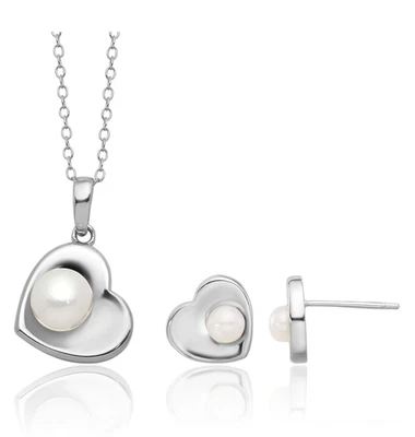 925 Sterling Silver White Button Freshwater Cultured Pearl Heart Chain Neckla... - Image 1 of 4