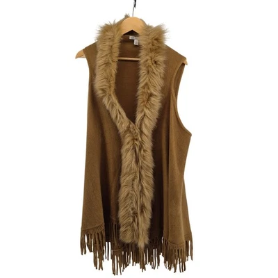 Cato XL Faux Fur Trim Fringe Sweater Vest Tan Brown Boho Western Fall Layer - Image 1 of 4