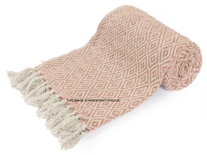Cream Pink Herringbone 100% Cotton Throw Blanket Sofa Couch Seater, 127x152cm - Picture 1 of 3