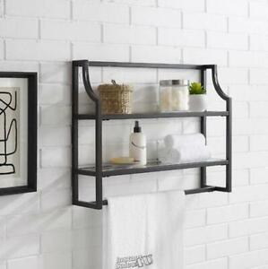 Crosley Aimee Wall Shelf Black Towel Bar Tempered Glass Steel Frame 24"Lx6"Dx19"