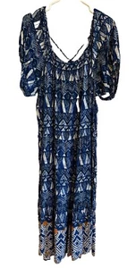 Knox Rose Women’s GEOMETRIC Short Sleeve BLUE Midi Dress Sz L/XL BOHO HIPPIE - Picture 1 of 9
