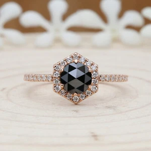 Black Round Rose Cut Diamond 14K Solid Gold Ring Engagement Gift Ring KD309 - Picture 1 of 9