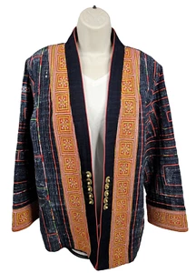 Miao Batik Hand Embroidery Vintage Open Jacket Pocket Women XL - Picture 1 of 18