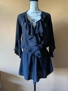 Rebecca Taylor Black 100% Silk Ruffled Tie Waist Mini Dress Size 0 - Picture 1 of 6