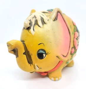 VINTAGE 1968 HOLIDAY FAIR HIPPY FLOWER YELLOW ELEPHANT COIN BANK JAPAN OSL 7X5X4 - Picture 1 of 10