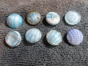 8 Vintage Antique Glass Buttons BLUE & WHITE STRIPES - Picture 1 of 5